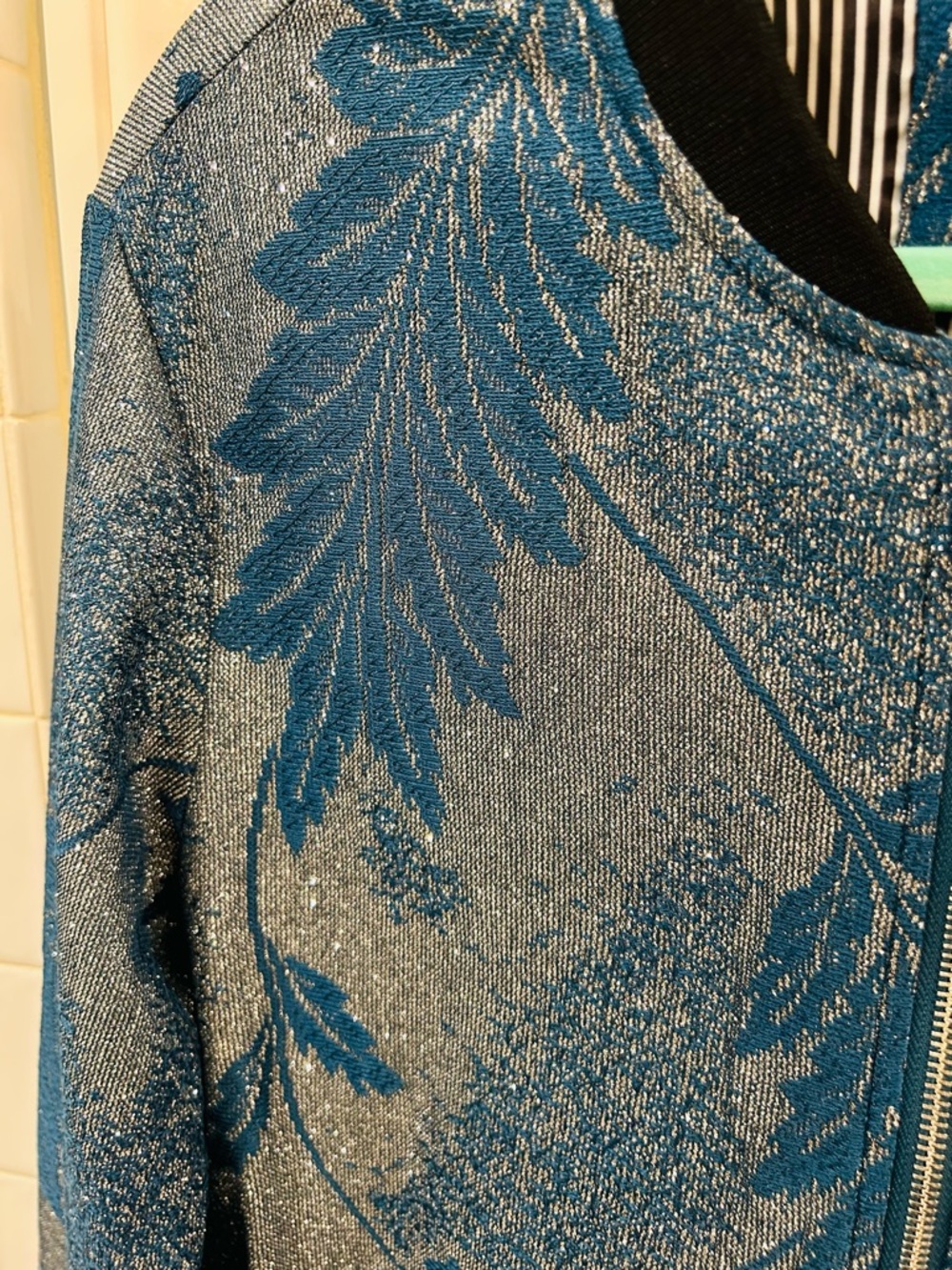 BARABAS Metallic Blue & Silver Floral Jacquard Bomber Zip Up Jacket - Size Small - Picture 3 of 12